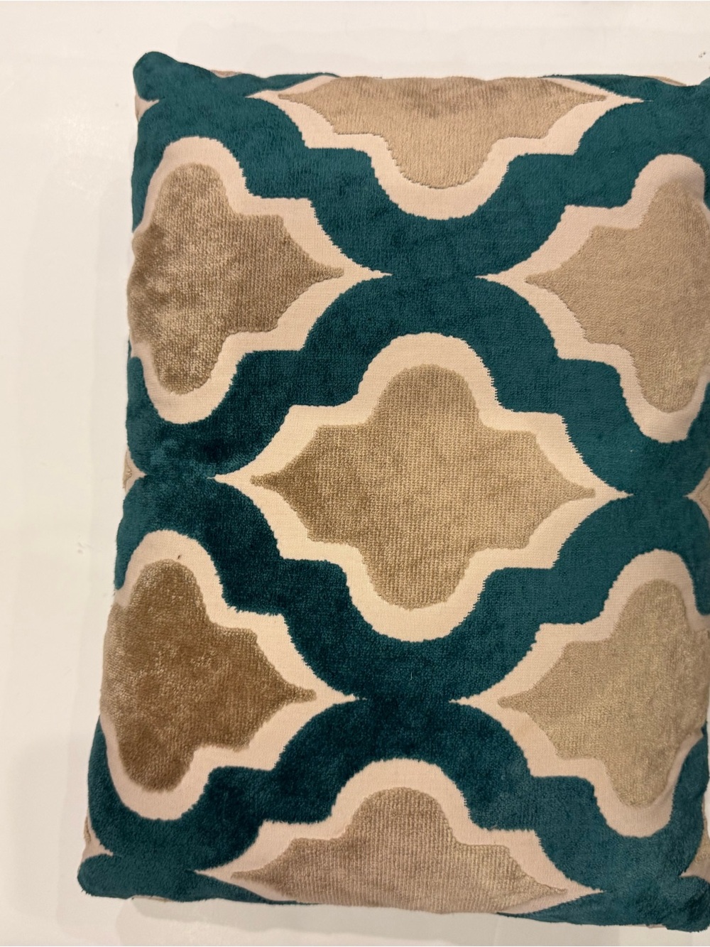 Designer Teal Taupe Velvet Down Lumbar Throw Pillow Moroccan Trellis 17x13
